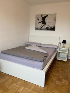 ein weißes Bett in einem Zimmer mit einem Bild an der Wand in der Unterkunft Modernes Apartment in zentraler Lage in Münster