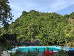 a mountain in the background of a swimming pool at Catba Papillon Garden Bungalows & Resort in Cat Ba