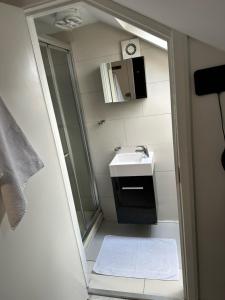 a small bathroom with a sink and a mirror at Cozy Urban Terraced Studio in London