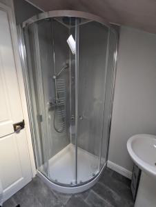 uma cabina de duche na casa de banho com um lavatório em Gull Wing Guesthouse em Lowestoft
