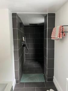 a bathroom with a shower with black tiles at Ballybur Cottage in Kilkenny