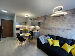 a living room with a black couch and a kitchen at COMFORT Apartment Pawia street - free parking !!! in Krakow