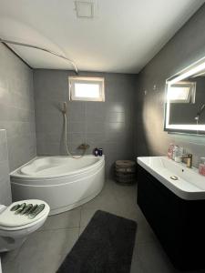 La salle de bains est pourvue d'une baignoire, de toilettes et d'un lavabo. dans l'établissement Golden House, à Osijek