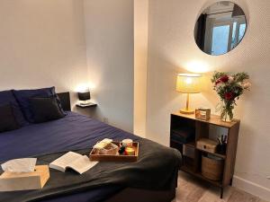 a bedroom with a bed with a mirror and a table at Beau studio et sa terrasse quartier historique in Moulins