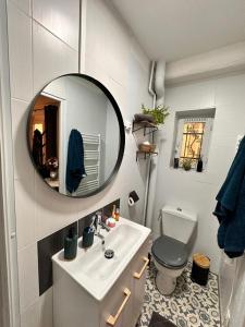 La salle de bains est pourvue d'un lavabo, d'un miroir et de toilettes. dans l'établissement Beau studio et sa terrasse quartier historique, à Moulins