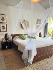 a bedroom with a bed with a mosquito net at Reserva Natural Tierra Adentro in Minca