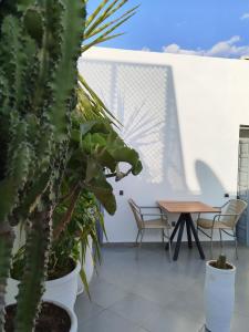 een patio met een tafel, stoelen en planten bij Riad L'Arganier in Marrakesh