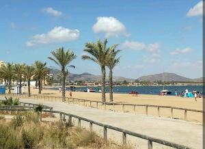 a beach with palm trees and a fence at CASA ALMA Playa Paraiso Estupenda vivienda cerca de la Playa in Cartagena
