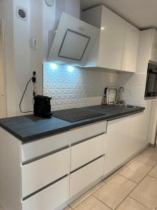 a kitchen with white cabinets and a black counter top at Appartement cosy dans une maison calme et parking gratuit avec borne in Illkirch-Graffenstaden