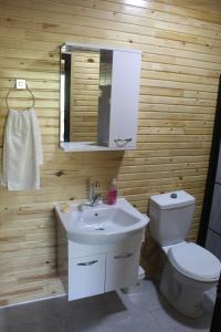 a bathroom with a sink and a toilet and a mirror at Rio Adventures Rafting Köprülü Kanyon Konaklama in Karabük