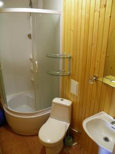 y baño con ducha, aseo y lavamanos. en Ivolga Guest House, en Koktebel