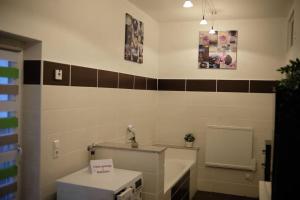 a bathroom with a counter and a sink in a room at Bello Apartamento in Graben-Neudorf +17 photos