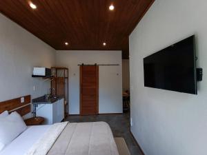 um quarto com uma cama e uma televisão de ecrã plano na parede em Vista do Vale lofts - Itaipava em Petrópolis