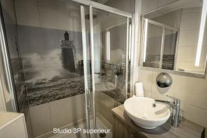 y baño con lavabo y ducha con lavamanos. en Hotel Mercedes, en Hossegor