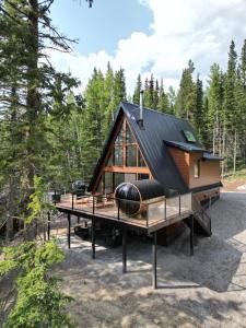 a cabin in the woods with a dock and a house at New Modern Rustic A-Frame Cabin with Barrel Sauna in Nordegg
