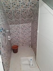 a small bathroom with a shower with a toilet at شقة بجنب مطار المسيرة 