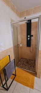 a room with a shower with a chair and a glass door at L'escapade sauvage in Saint-Joseph