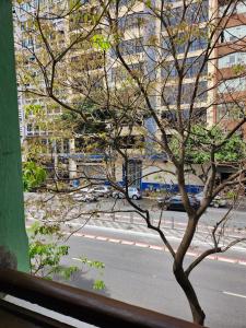 een raam met uitzicht op een straat met een boom bij Fujima Hostel in Sao Paulo