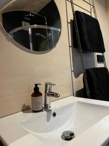 lavabo con espejo y dispensador de jabón en Bijzonder Lekker overnachten en Beetsterzwaag