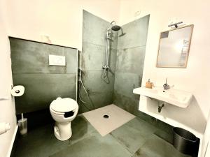 ein Bad mit einer Dusche, einem WC und einem Waschbecken in der Unterkunft Country House Nora Rech in SantʼElpidio a Mare