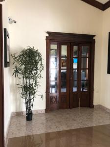 Habitación con puerta de madera y maceta. en Villas Segovia Hotel Boutique & Suites en Cozumel