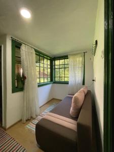 a bedroom with a bed in a room with windows at Căsuța din Vale in Râșca