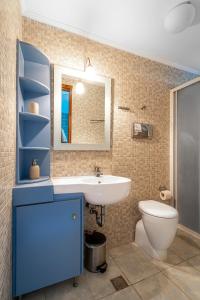 La Skala Eressos Holiday Apartments في سكالا إيريسو: حمام مع حوض ومرحاض