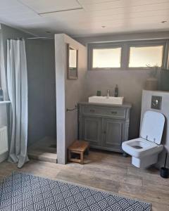 uma casa de banho com um WC branco e um lavatório. em Family Wellness lodge 4 personen Zuid-Holland! em Ooltgensplaat