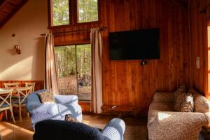 a living room with two couches and a flat screen tv at Cascadas del Llaima in Refugio Llaima
