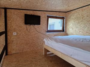 een slaapkamer met een bed en een tv aan de muur bij Agroturystyka Gramburg in Zblewo