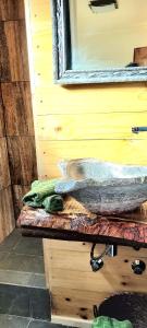 baño con lavabo y espejo en la encimera en Karu-Terra cabin, en Huiscapi