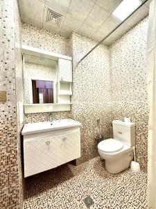 een badkamer met een toilet, een wastafel en een spiegel bij Xatai cozy apartment by Baku Housing in Baku