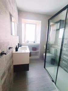 a bathroom with a sink and a shower and a toilet at Casa da Americana II in Boqueijón +13 photos