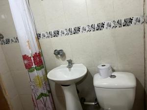 a small bathroom with a toilet and a sink at Cabaña La Marea in Bahía Solano