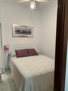 a bedroom with a bed with a white bedspread at CASA ALICIA in Torre del Mar
