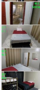 two pictures of a bedroom with a bed and a bathroom at Pousada do Julio in Barretos