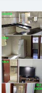 - deux photos d'une cuisine avec un comptoir et un réfrigérateur dans l'établissement Pousada do Julio, à Barretos
