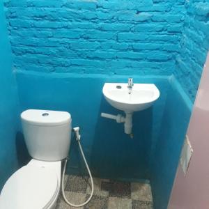 ランテパオにあるToraja ManuBackPackerのバスルーム(白いトイレ、シンク付)
