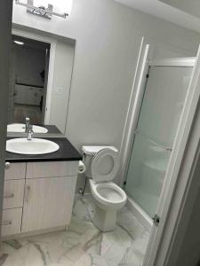 a bathroom with a toilet and a sink and a shower at Homestay in Winnipeg