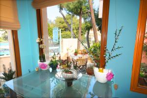 a glass table with potted plants on top of it at Aethrio Guesthouse in Souvala