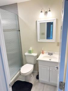 a bathroom with a toilet and a sink and a shower at Minutes to Riverwalk, Sleeps 12, Pets Welcome! in San Antonio