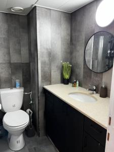 ein Badezimmer mit einem WC, einem Waschbecken und einem Spiegel in der Unterkunft Lake Breeze of Tiberias in Tiberias