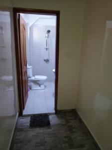 ダカールにあるAppartement 3 chambres toutes climatisées à virageのバスルーム(トイレ、シャワー付)、ドアが備わります。