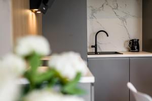 a kitchen with a sink and a counter at Riverside Apartments by KRAMM in Poznań +59 photos