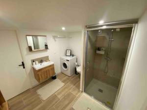 a bathroom with a shower and a toilet and a sink at Appartement 60m2 6 voyageurs in Moisson