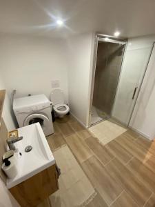 a bathroom with a shower and a sink and a toilet at Appartement 60m2 6 voyageurs in Moisson