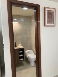 a bathroom with a toilet and a sink and a mirror at Bonito y Cómodo Departamento in Zacatecas