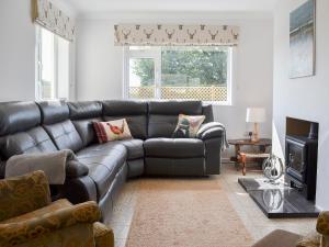 a living room with a leather couch and a television at The Old Creamery in Witheridge