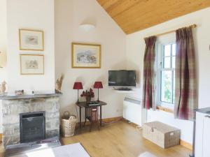 a living room with a fireplace and a tv at Farragon Cottage in Foss