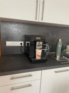 um balcão de cozinha com comodidades para preparar café e um micro-ondas em Peaceful Holiday Morningstar em Würzburg